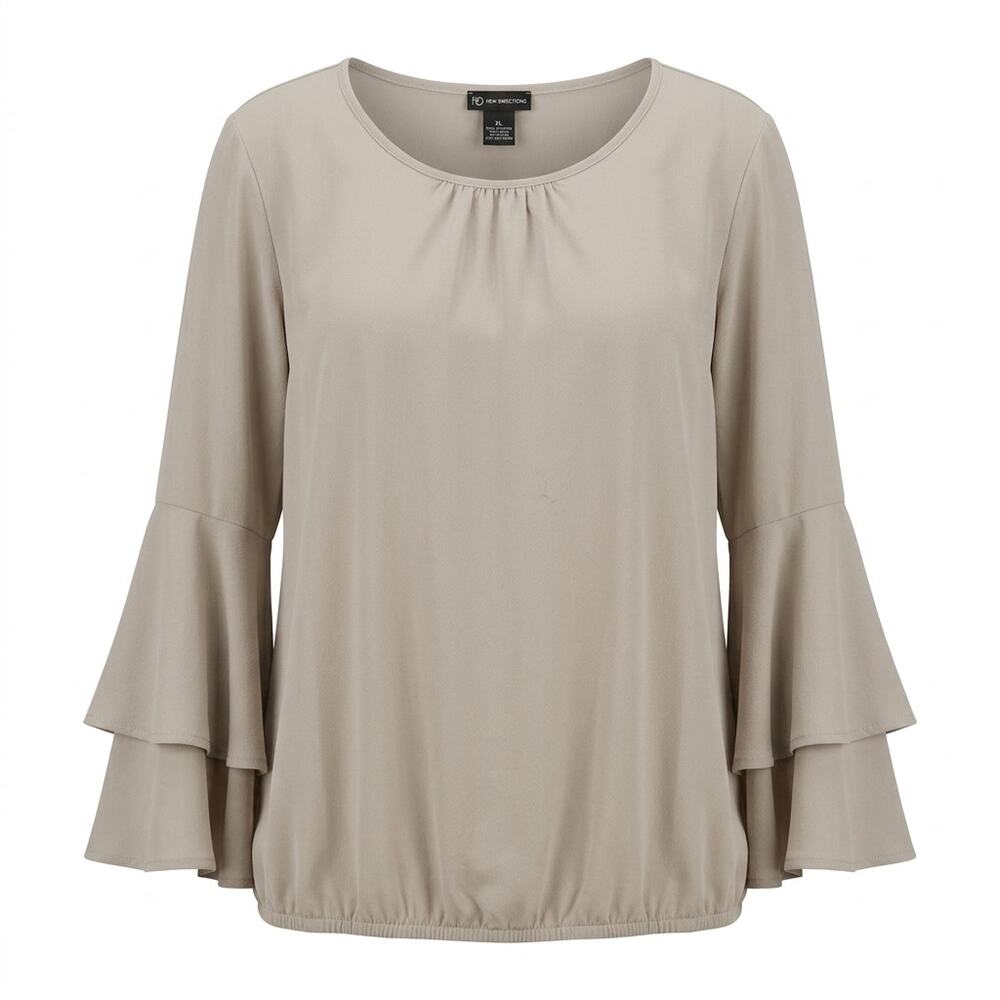 New Directions Beige Tiered Bell Sleeve Ruffle Blouse Women Size XL